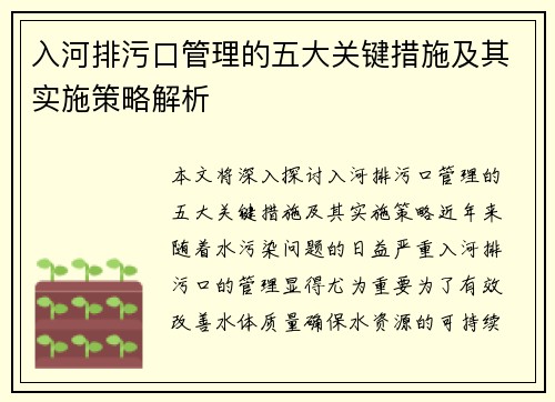 入河排污口管理的五大关键措施及其实施策略解析