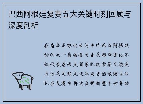 巴西阿根廷复赛五大关键时刻回顾与深度剖析
